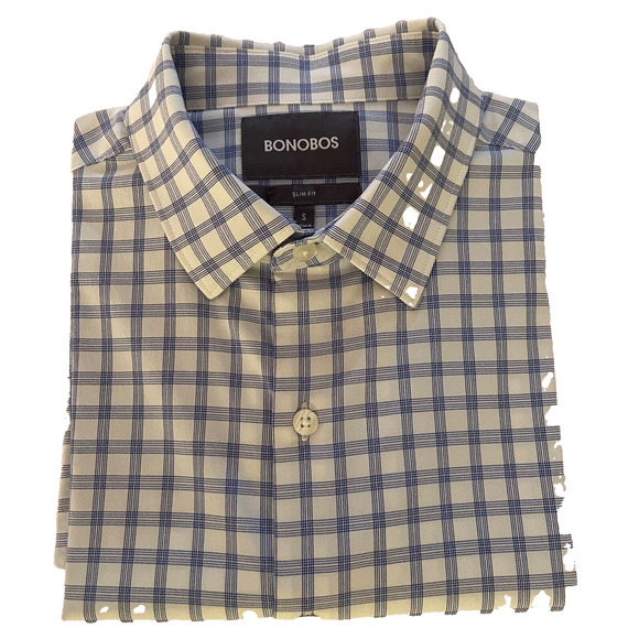 BONOBOS Slim-Fit Men's Button Shirt L/S - S White w/Blue Criss Cross A+ - Picture 1 of 4
